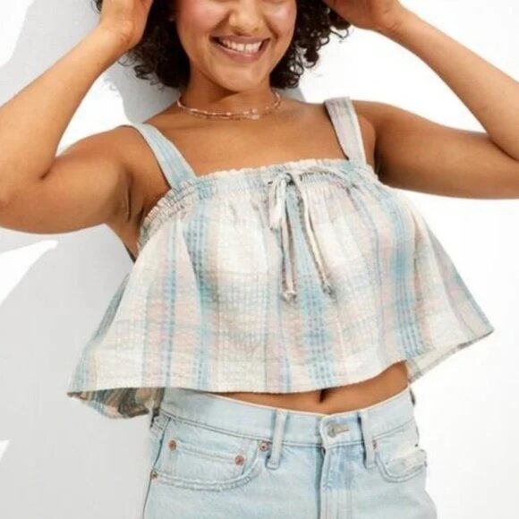 American Eagle Outfitters Tops - NWT American Eagle Pastel Plaid Stripe Swing Smock Crop Cami Tank Size XS NEW